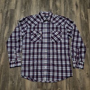 Classic Western Pearl Snap Shirtl Long Sleeve Plaid Button Up Top Size Large